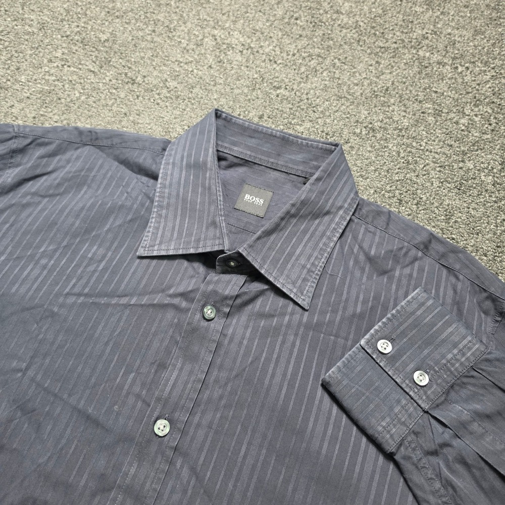 Hugo Boss Button Down Shirt Black Gray Striped Mens XXL Long Sleeve Cotton Work - Picture 1 of 8